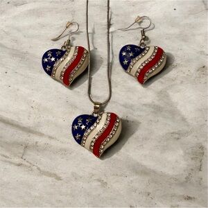 Patriotic Heart Pendant Necklace & Earrings Set - Red, White & Blue